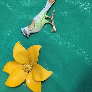 Vintage Yellow Flower Brooch and Bird Pin.